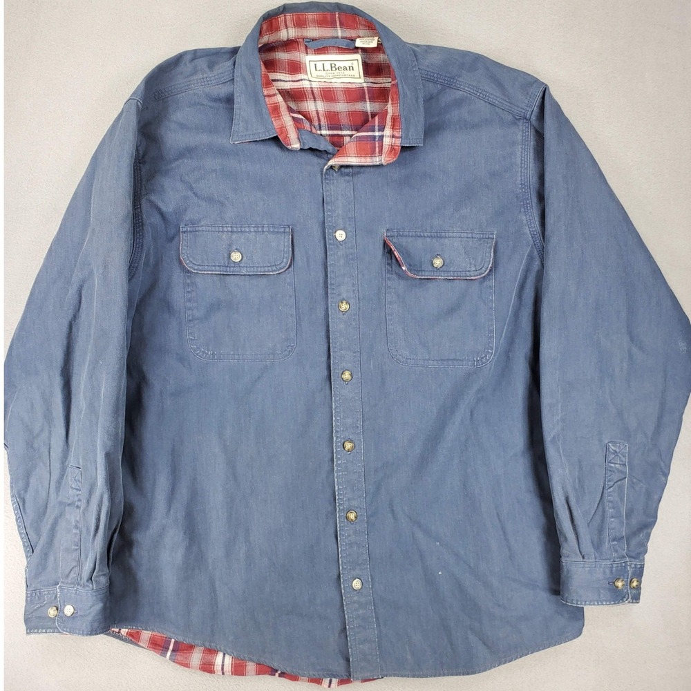 L.L. Bean Flannel Lined Shirt Mens L Blue Heavyweight Cotton Workwear Button Up